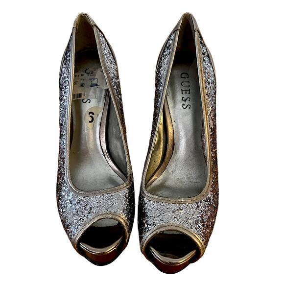 GUESS Gaminata Silver Glitter Faux Patent Leather Peep Toe Stilettos Size: 6 M - Picture 2 of 5